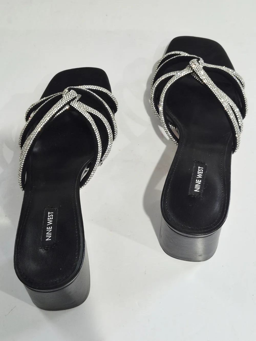 Nine West Black Heeled Slide Sandals with Silver Crystal Straps Size 12